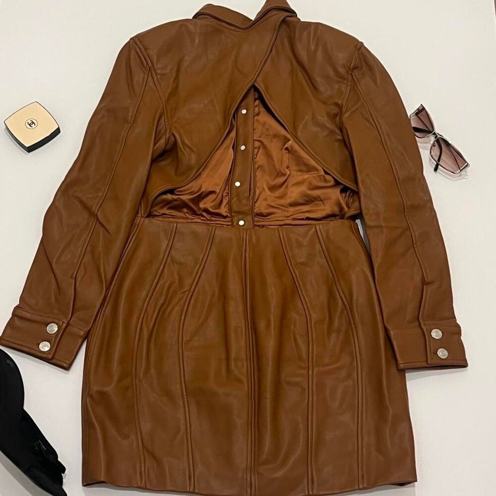 House of CB 'Crystal' Tan Brown Vegan Leather Backless Blazer Midi Dress - Picture 3 of 3